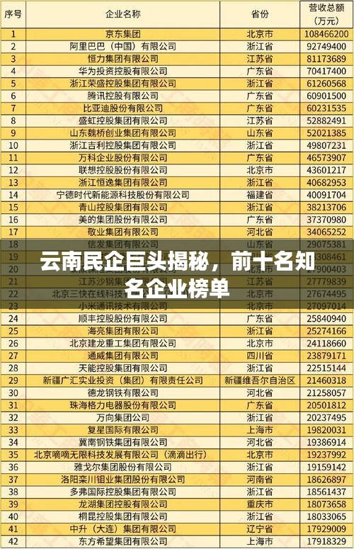 云南民企巨头揭秘，前十名知名企业榜单